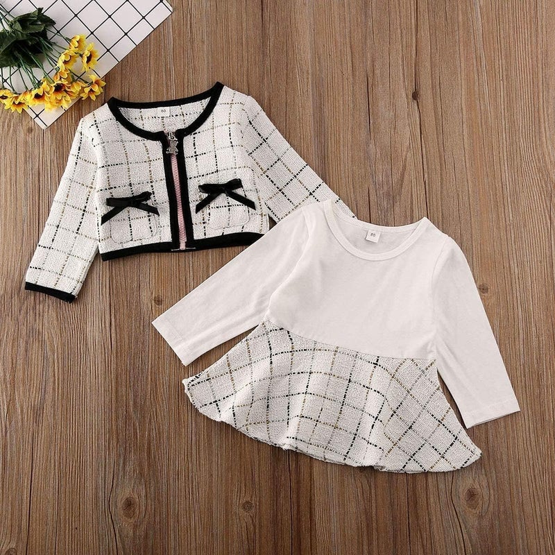 BOIZONTY Toddler Kids Baby Girls Plaid Skirt Set Cardigan Jacket Coat + Tutu Dress Set Long Sleeve Outfits Fall Outfit Set (Zip Up White, 2-3 Years) - Image 4